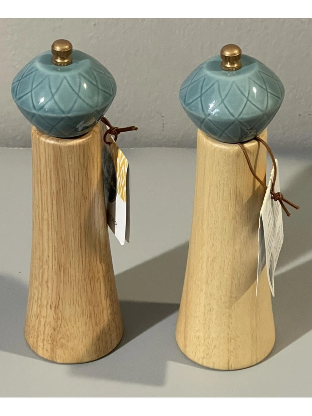 Ceramic-Top Salt and Pepper Mills in Teal and Natural Wood Open Box